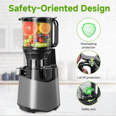 Juicer with safety features highlighted on a white background